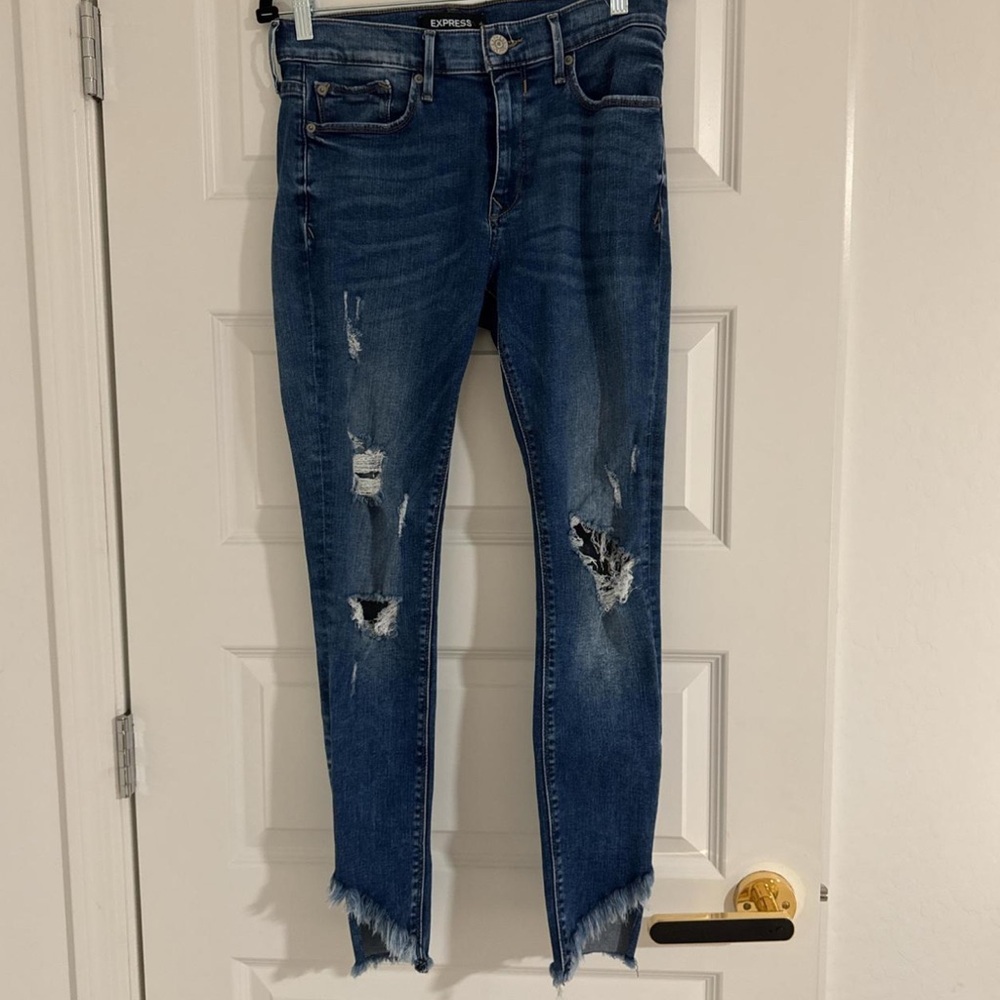 Express Blue Ankle Cropped Jeans with Distressed Details